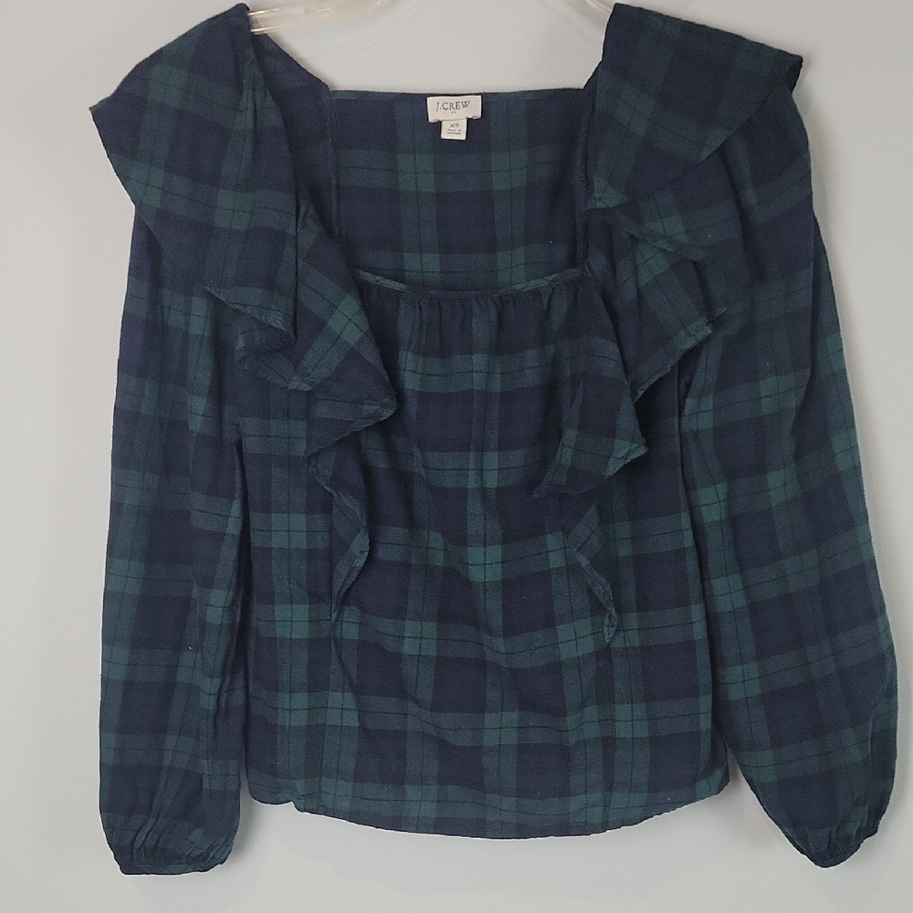 J. Crew Green Flannel Square Neck Ruffle Blouse Top size XS BK462
